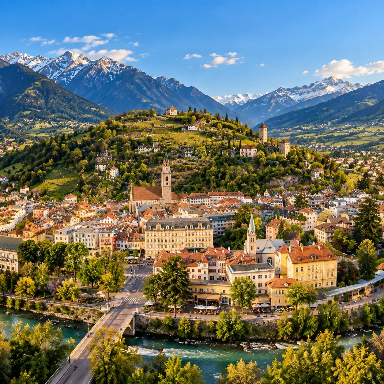 Südtiroler Altstadt am Fluss vor schneebedeckten Alpengipfeln