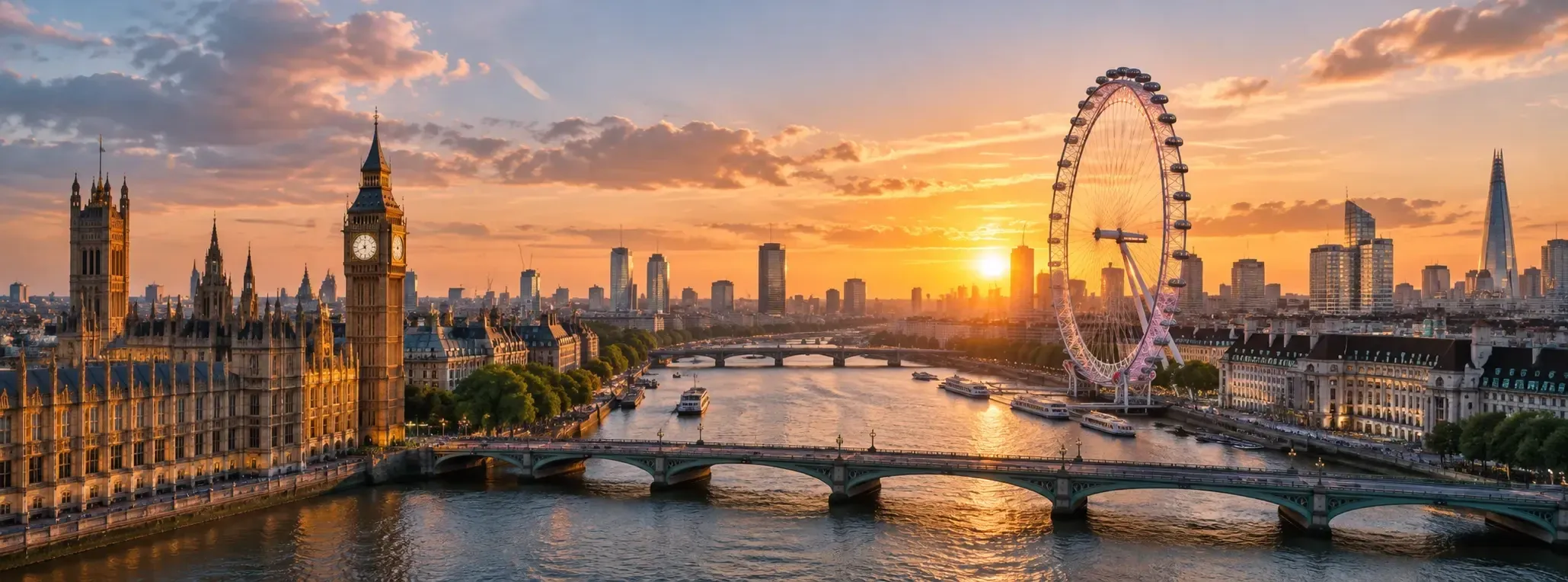 London mit Big Ben, London Eye und Themse bei Sonnenuntergang