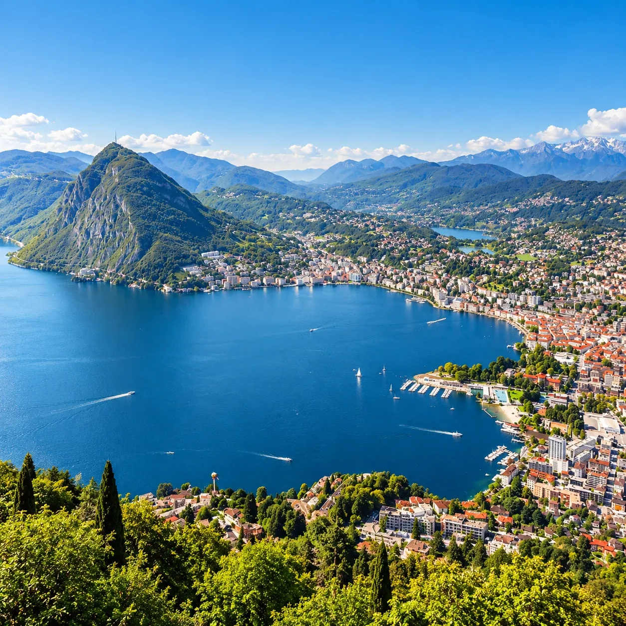 Lugano am Luganersee mit dem Monte San Salvatore