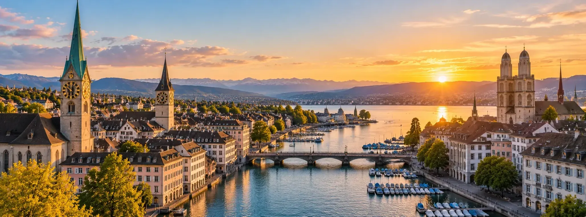 Zürcher Altstadt an der Limmat bei Sonnenuntergang